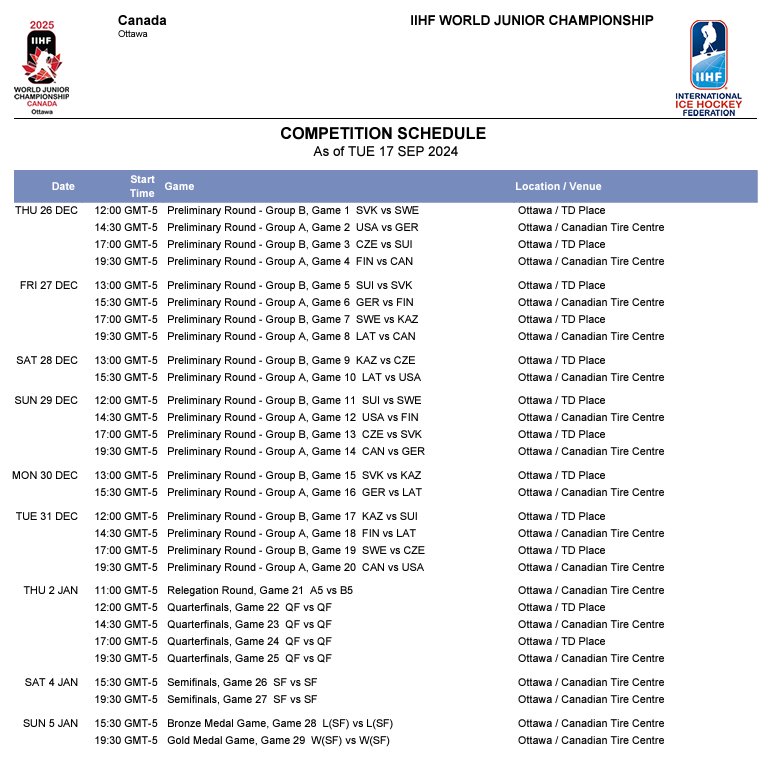 Blog 2024/2025 Team Canada Schedules